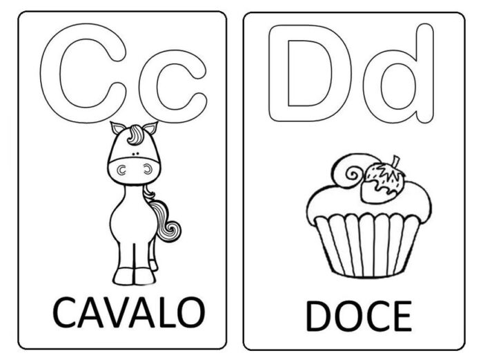 Letras Cc e Dd representadas visualmente: Cc com um cavalo e Dd associada a um delicioso doce, ideal para aprendizado.