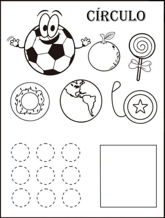 Diversidade de objetos circulares: bola de futebol laranja, pirulito, rosquinha, planeta Terra, círculo com estrela e traçado de círculos concêntricos.