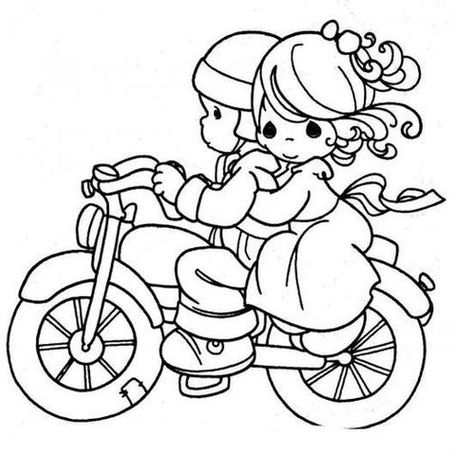 Desenho de Senhora vintage andando de moto para colorir