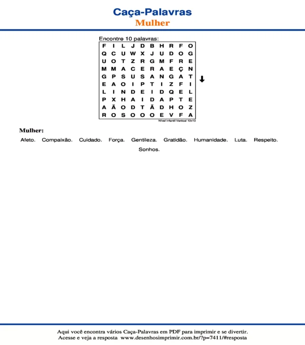 Caça Palavras Nível Infantil Vertical 10x10