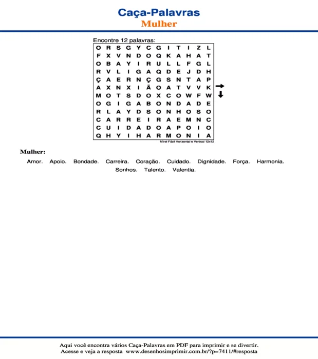 Caça Palavras Nível Fácil Horizontal e Vertical 12x12