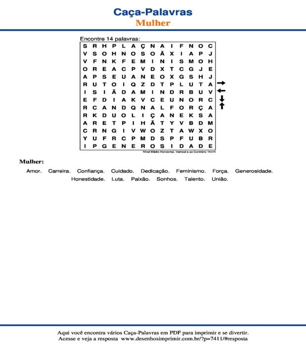 Caça Palavras Nível Médio Horizontal, Vertical e ao Contrário 14x14