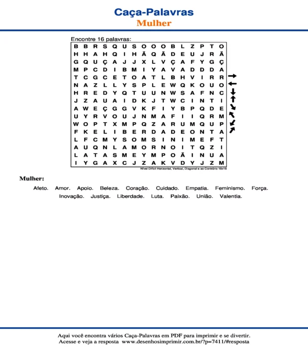 Caça Palavras Nível Difícil Horizontal, Vertical, Diagonal e ao Contrário 16x16