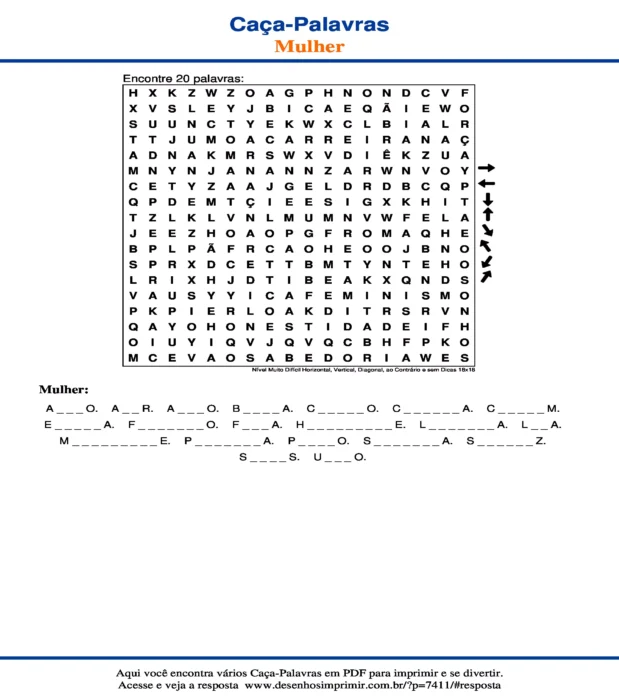 Caça Palavras Nível Muito Difícil Horizontal, Vertical, Diagonal, ao Contrário e sem Dicas 18x18