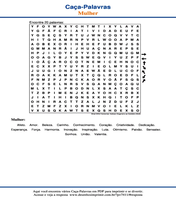 Caça Palavras Nível Difícil Horizontal, Vertical, Diagonal e ao Contrário 20x20