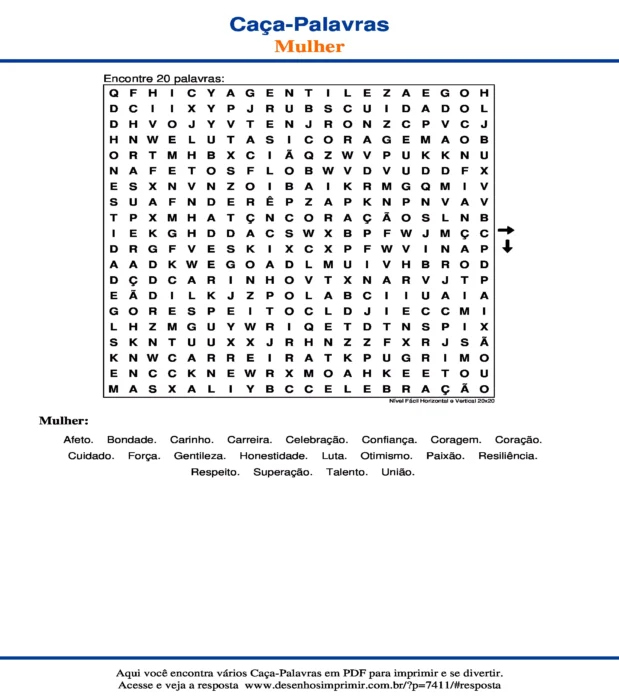 Caça Palavras Nível Fácil Horizontal e Vertical 20x20