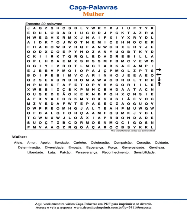 Caça Palavras Nível Médio Horizontal, Vertical e ao Contrário 22x22