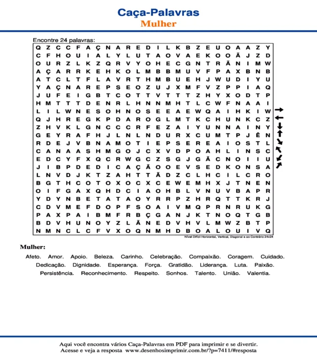 Caça Palavras Nível Difícil Horizontal, Vertical, Diagonal e ao Contrário 24x24
