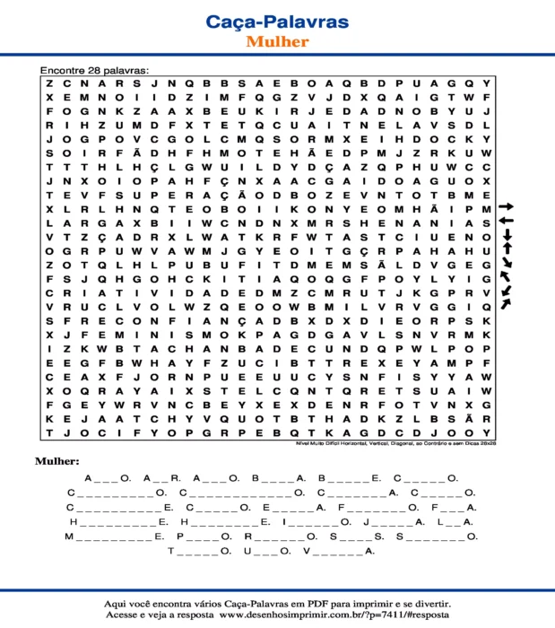 Caça Palavras Nível Muito Difícil Horizontal, Vertical, Diagonal, ao Contrário e sem Dicas 26x26