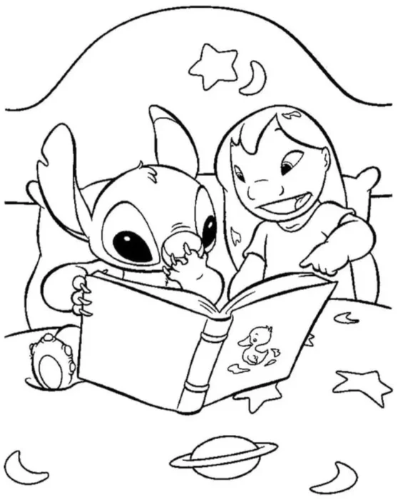 Desenhos para colorir Lilo e Stitch Lendo Um Livro