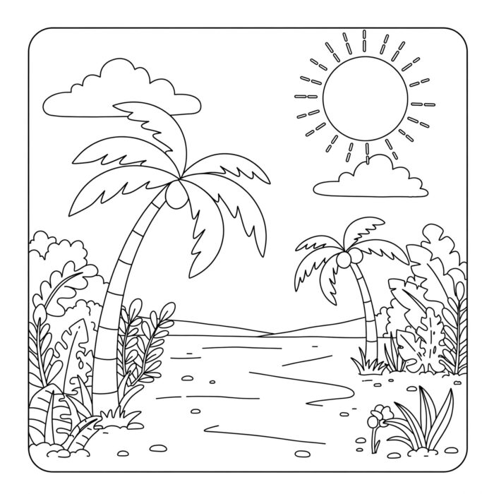 Desenhos da Natureza Paisagem Tropical para colorir