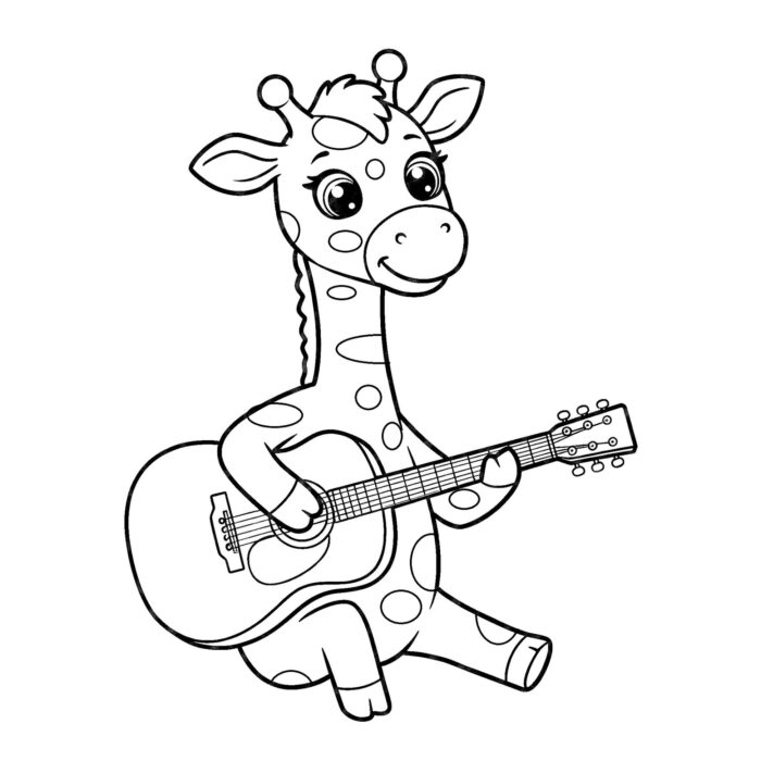 Desenhos de Animais Fofos Girafa Tocando Violão para colorir