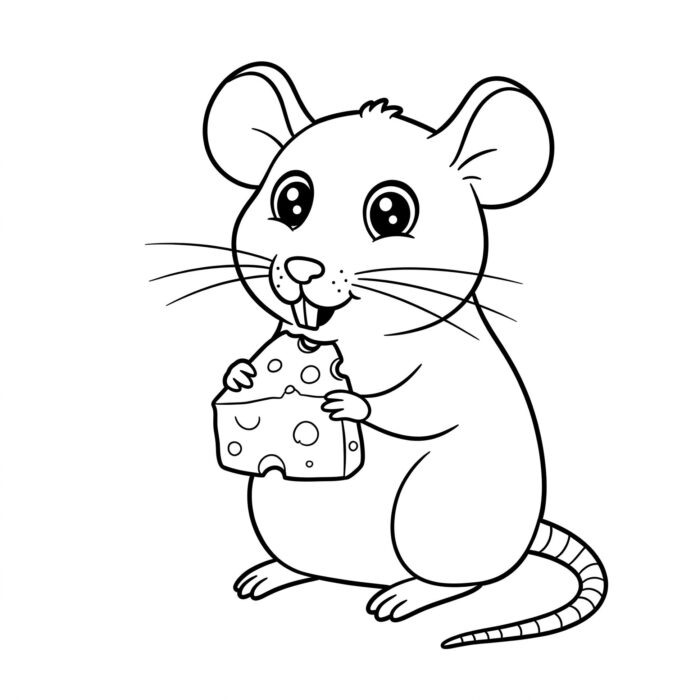 Desenhos de Animais Fofos Ratinho Comendo Queijo para colorir