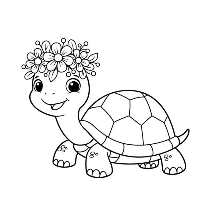 Desenhos de Animais Fofos Tartaruga com Flores para colorir