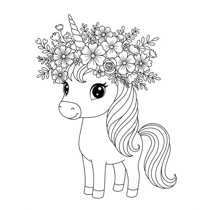 Desenhos de Unicórnio Fofinho Enfeitado com Flores para colorir