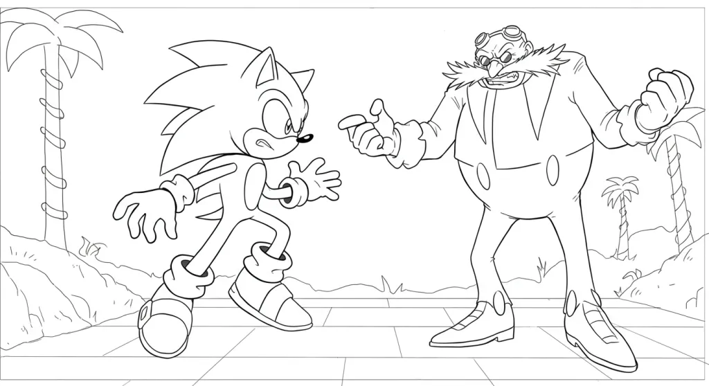 Desenho para colorir com Sonic alerta à esquerda e Dr. Eggman raivoso à direita apontando, em ambiente tropical com palmeiras e colinas.